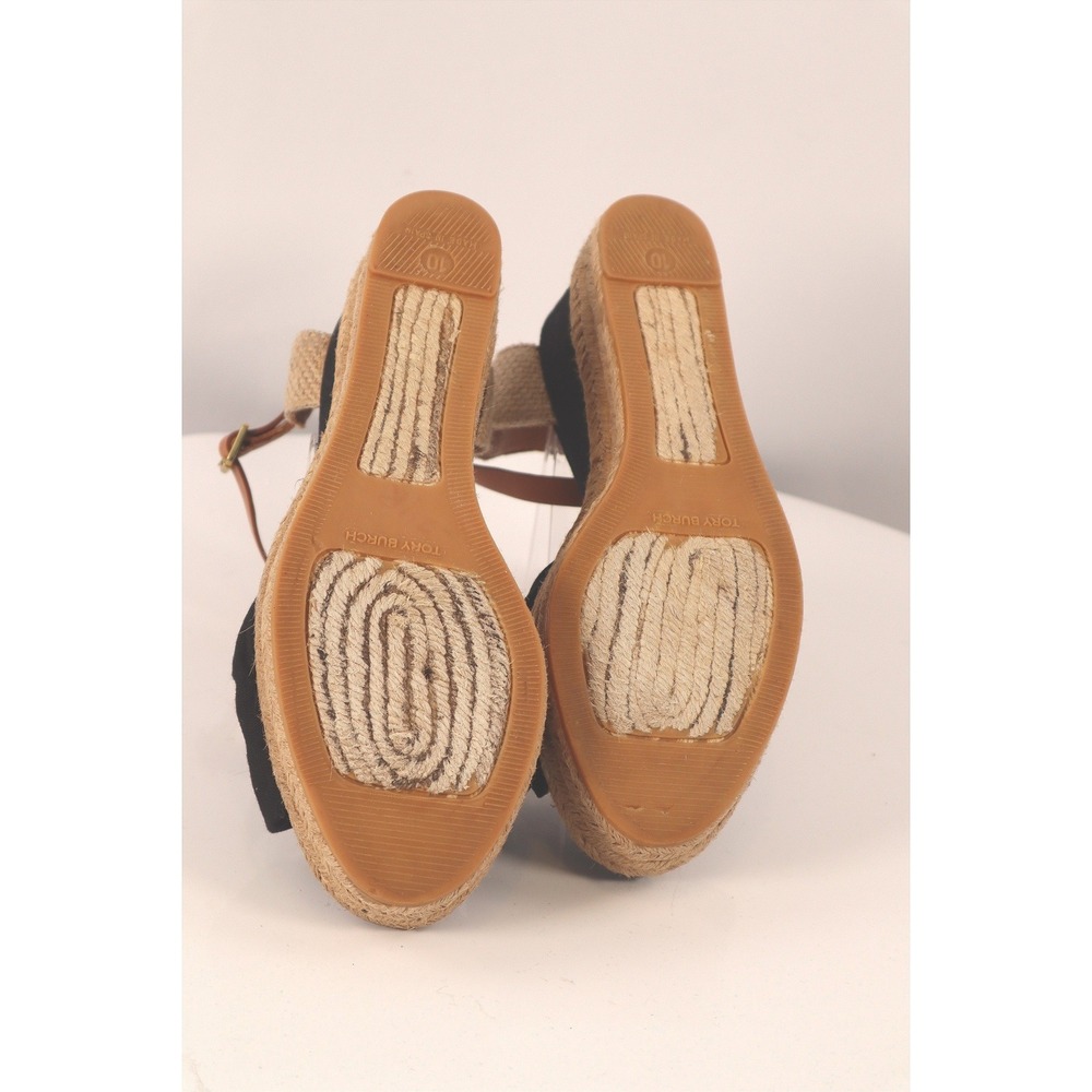 Tory Burch Knotted Bow Espadrille Wedge Sandals Black/Tan Leather Strap Size 10 - Picture 10 of 10